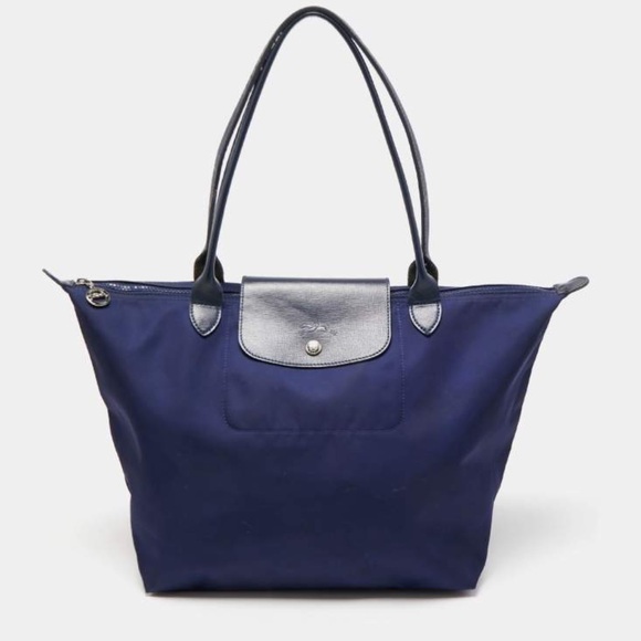 Longchamp Dark Blue Nylon and Leather Medium Le Pliage Tote